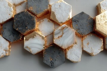 Close up of black and gold hexagonal pattern or tiles in a seamless array, resembling a technology or honeycomb structure with a dark background