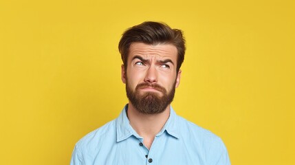 Obraz premium A man with a beard ponders, eyes askew, set against a vibrant yellow backdrop. His light blue collared shirt contrasts with his furrowed brow, hinting at a moment of thoughtful contemplation.