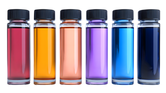 Six Glass Vials with Colorful Liquids in a Row bottle