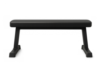 Black flat weight bench for gym fitness training, bodybuilding, home workout, and strength exercising on transparent background