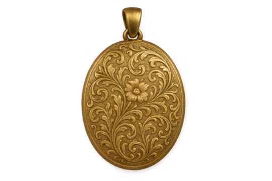 Vintage gold locket, ornate floral engraving, isolated on transparent background