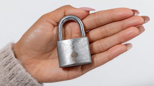 A hand holding a silver lock. The lock is old and rusted. The hand is holding it up to show it off