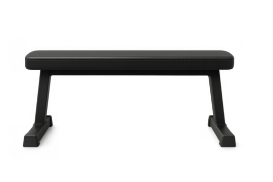 Black flat weight bench for gym fitness training, bodybuilding, home workout, and strength exercising on transparent background - Powered by Adobe