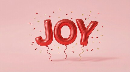Red balloon JOY letters with confetti on pink background, generative AI