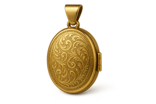 Elegant gold locket with ornate engraving, isolated on transparent background