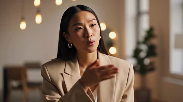 Professional Asian woman confidently presenting a heartfelt message in a modern office setting, ideal for corporate communications or personal testimonials
