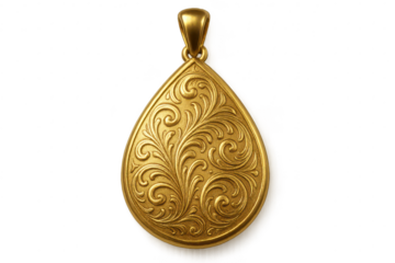 Golden ornate teardrop pendant with scrollwork design, isolated subject