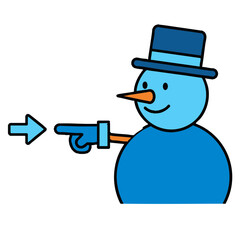 A stylized icon of a snowman with a helpful pose pointing to the left, accompanied by an arrow on a white background