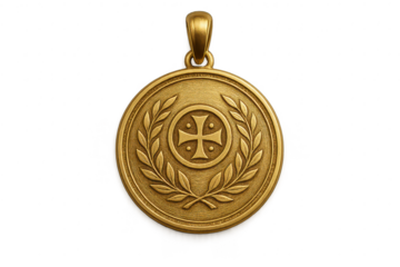 Golden medallion with cross and laurel wreath, isolated, transparent background.