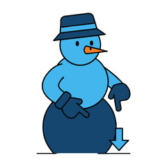 Cartoon snowman character icon with a staring gaze directed downwards at a blue arrow on a transparent background