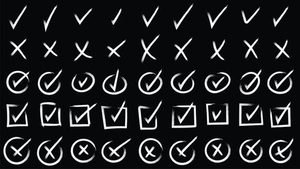 Check marks doodle set. checkbox, checklist, tick and cross signs, drawn concept. Hand drawn chalkboard doodle sketch style vector illustration
