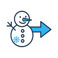 Linear icon of a snowman with a large arrow pointing to the right, symbolizing forward movement.