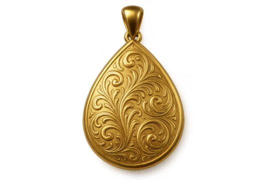 Golden ornate teardrop pendant with scrollwork design, isolated subject