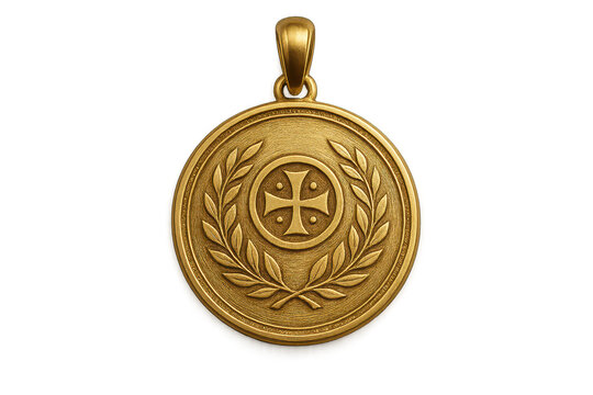 Golden medallion with cross and laurel wreath, isolated, transparent background. - Powered by Adobe