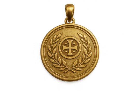 Golden medallion with cross and laurel wreath, isolated, transparent background.