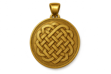 Golden Celtic knot pendant isolated on transparent background, ancient symbol.
