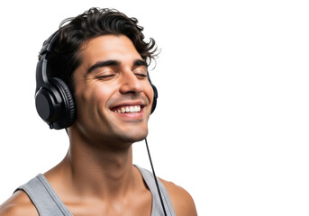 Young hispanic man wearing a grey tank top and professional black studio headphones, eyes closed, smiling genuinely in a high-key portrait on a pure white background, concept of profound musical