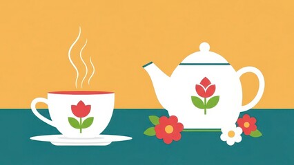 A steaming cup of tea and a teapot with floral designs.