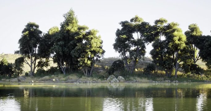Vibrant trees border a peaceful river under bright sunlight. The tranquil water mirrors the lush greenery, creating a harmonious natural setting perfect for relaxation.