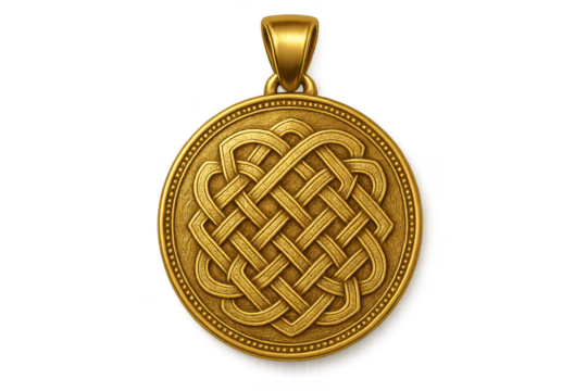 Golden Celtic knot pendant isolated on transparent background, ancient symbol.