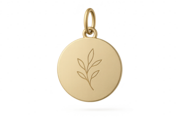 Gold round pendant with leaf design, isolated on transparent background.
