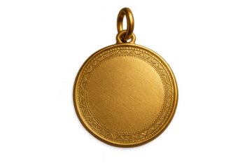 Golden medal, blank, ornate edge, isolated on transparent background.