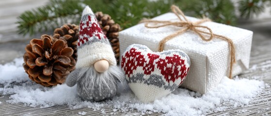 Christmas gnome with gift box, pine cones, and snow on wooden background creates a charming winter wonderland scene perfect for holiday decorations