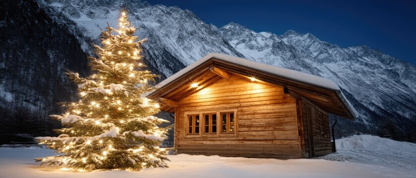 Winter night scene featuring a beautifully lit Christmas tree beside a cozy wooden house in a snowy mountain landscape