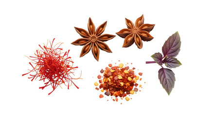 Star anise, saffron, chili flakes, and basil isolated on transparent background