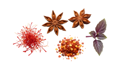 Star anise, saffron, chili flakes, and basil isolated on transparent background