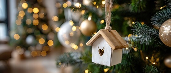 Small Christmas house ornament glows with bokeh lights in the background, creating a warm holiday atmosphere in a festive decoration scene