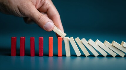 Domino effect in motion with a hand about to push the first wooden block. The dominoes are on a blue surface. Symbolizing strategy and risk management, the focus is on cause and effect.