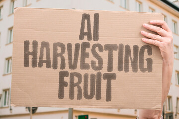 "AI Harvesting Fruit" Automated systems pick ripe produce from orchards efficiently. HARVEST. FRUIT. PICK. ORCHARD. PRODUCE.