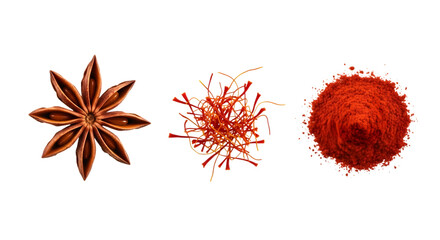 Star anise, saffron threads, and chili powder isolated on transparent background