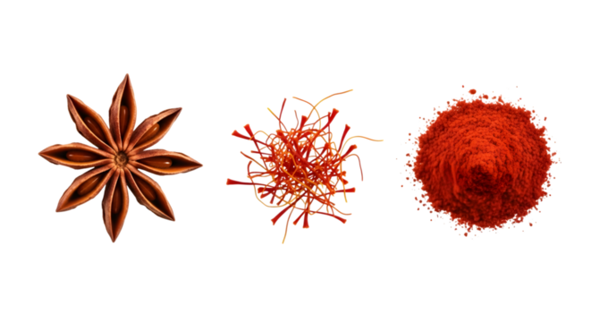 Star anise, saffron threads, and chili powder isolated on transparent background