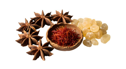 Star anise, saffron threads, and frankincense isolated on transparent background