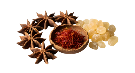 Star anise, saffron threads, and frankincense isolated on transparent background