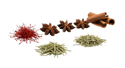 Aromatic spices arrangement isolated on transparent background, including saffron and cinnamon