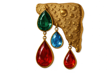 Ornate golden brooch with colorful gemstone pendants on transparent background