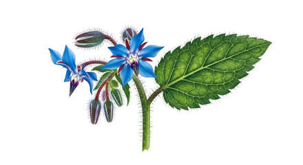 Borage with blue starshaped flowers isolated on transparent background