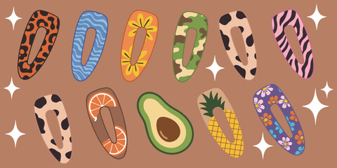 hairpin for girls, hair accessory doodle vector, hairstyle from hairdresser, tidy hair decoration, childish fashion design, flowers and fruits elements, plastic comb illustration, ideal for