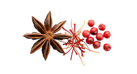 Star anise, saffron threads, and pink peppercorns isolated on transparent background