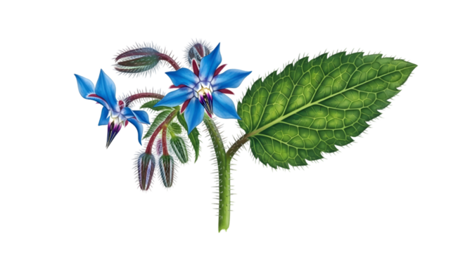 Borage with blue starshaped flowers isolated on transparent background