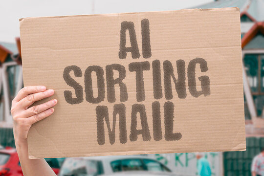 "AI Sorting Mail" Automated systems categorize letters routing them to correct destinations. SORT. MAIL. LETTER. ROUTE. DESTINATION.