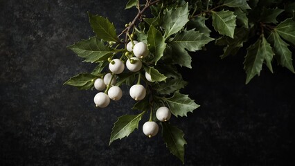 Holly Branch with White Berries on Dark Textured Background