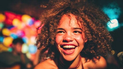 Smiling young woman enjoys vibrant music scene at a lively venue