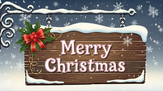 Festive Merry Christmas wooden sign with snow and holly, perfect for greeting cards and holiday promotions, spreading joy this winter season