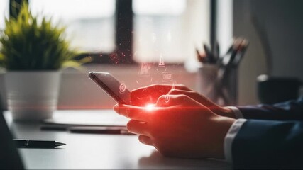 A user interacts with smartphone displaying holographic red danger icons warnings and cybersecurity breach notifications representing digital threat and data exposure - Powered by Adobe