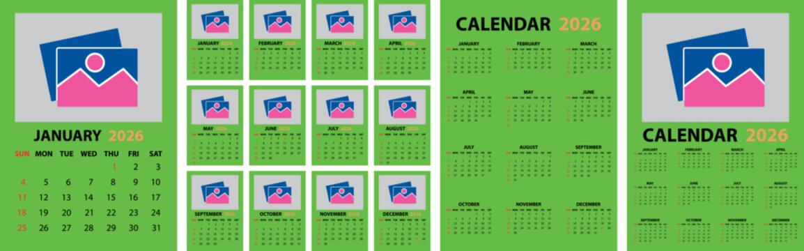 Calendar, 2026, vector, illustration, sketch, outline, layout, grid, month, date, year, planning, schedule, organizer, printable, template, Sunday, weekday, design, structure, variation