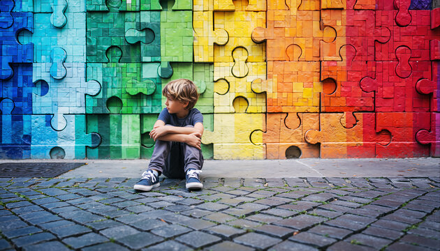 Young boy sits thoughtfully against a vibrant puzzle wall in a lively urban setting - Powered by Adobe